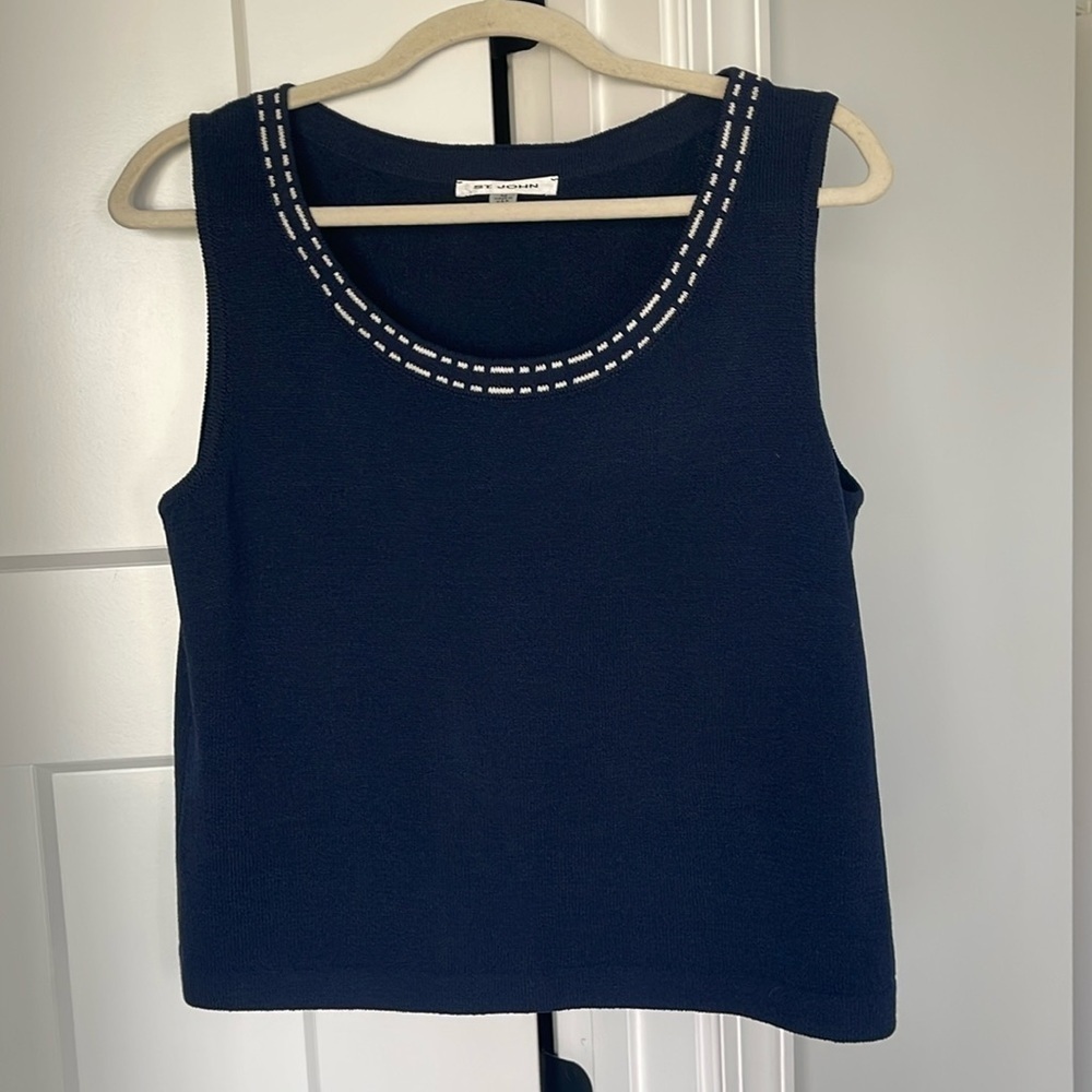 St. John Blue Sleeveless Wool Knit White Trim Tank Top